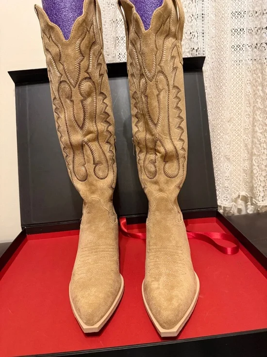 Women's Tan Faux Suede Knee-High Western Heeled Boots - Picture 5 of 9